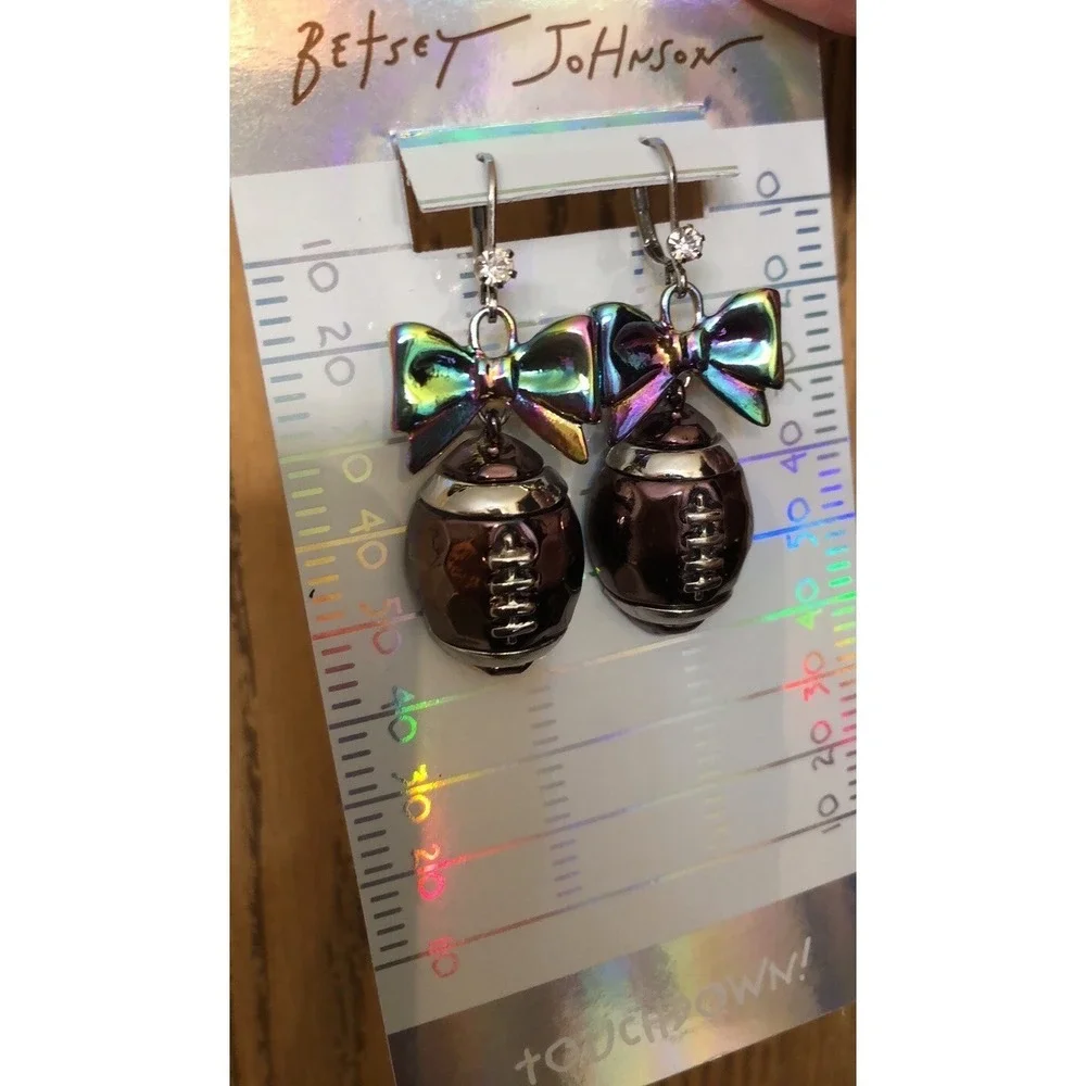 Betsey Johnson Touch Down Iridescent Bow & Brown Metallic Football Drop Earrings